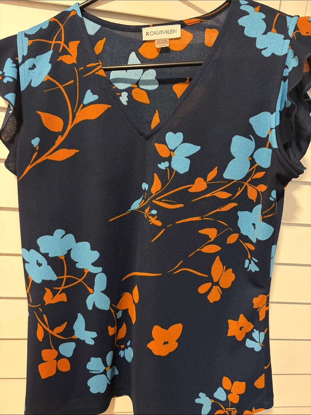 Calvin Klein Navy Floral V-Neck Blouse with Blue & Orange Print